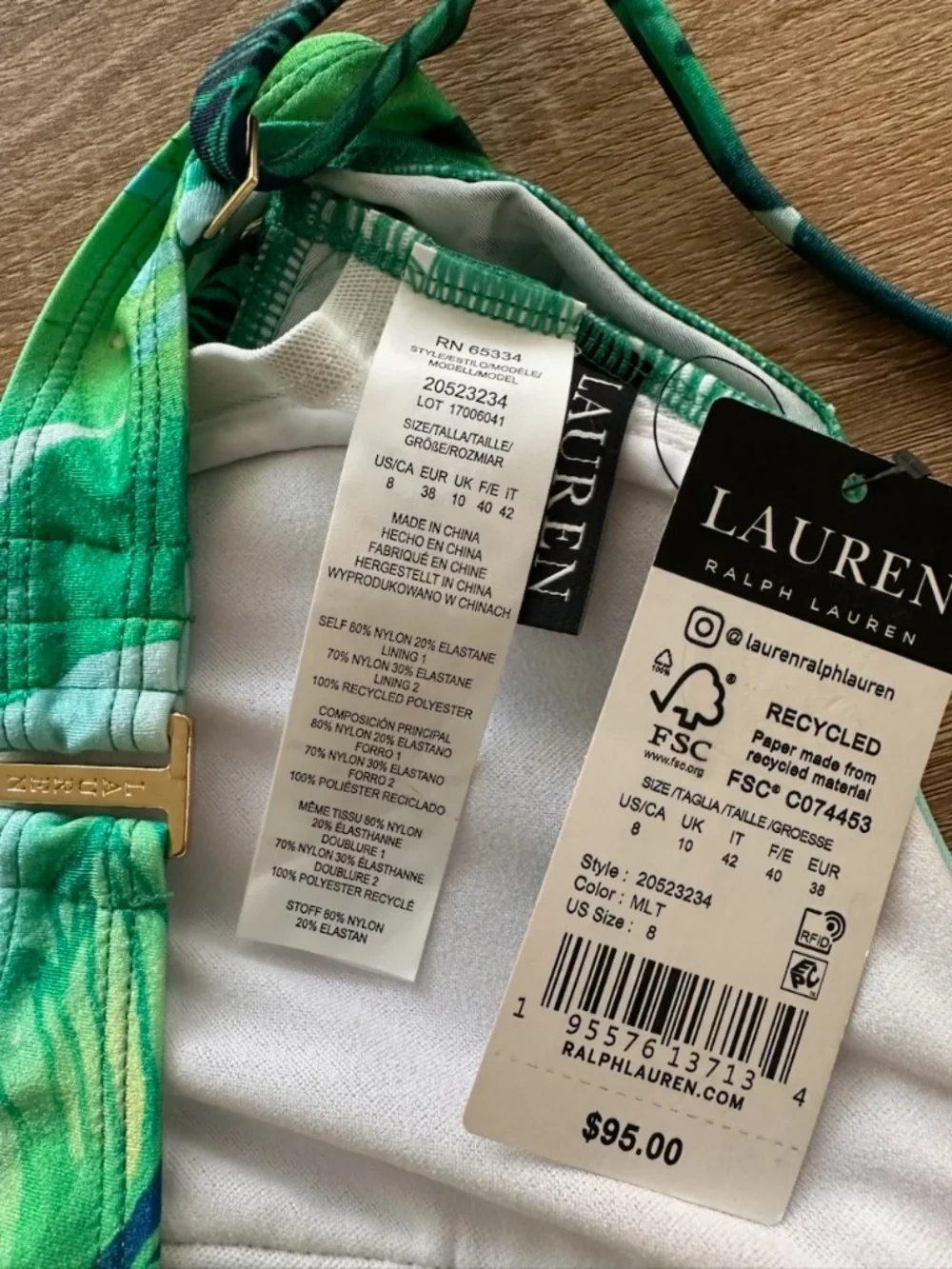 Ralph Lauren Green Tropical Print Bikini TOP ONLY Size 8